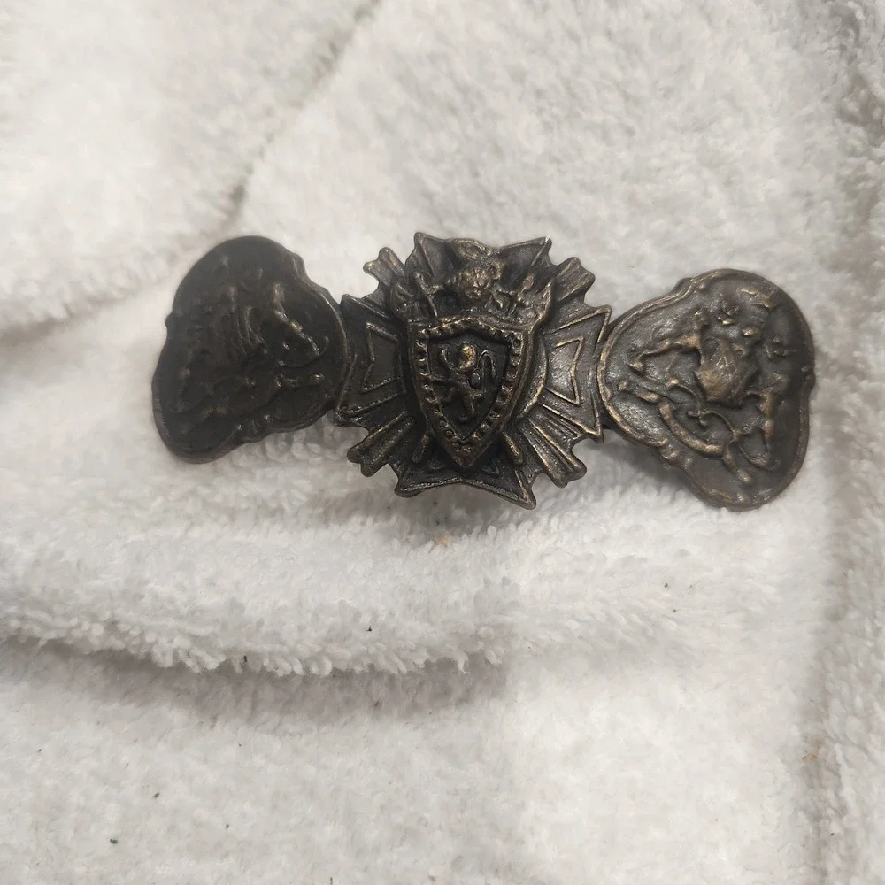 Vintage Bronze Heraldic‎ Crest Hair Barrette Medieval Lion Shield Knight Gothic